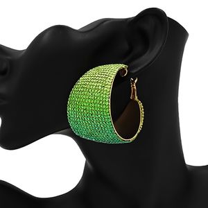 Green Crystal Hoop Earrings Wide Bold 1.75" Trend Fashion Statement Accessory